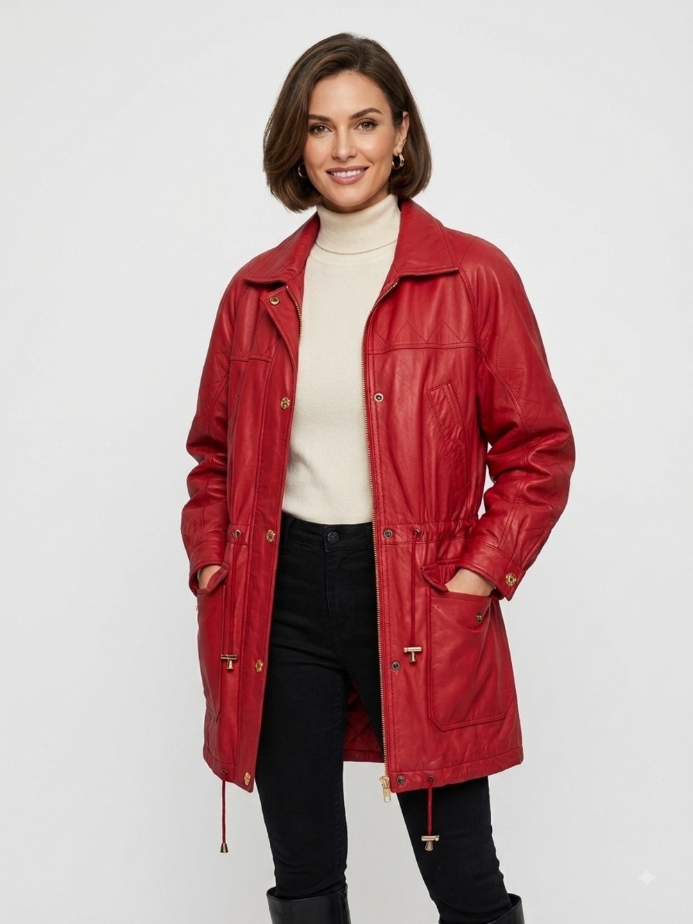 Vintage G-III Global Identity Red Genuine Leather Quilted Parka Coat Small
